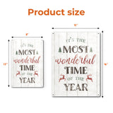 Christmas metal sign with "Most Wonderful Time of the Year" text, in a rustic style for home decor, product size shown.