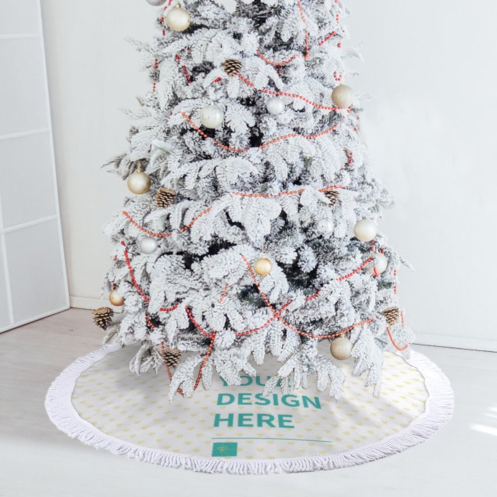 Custom Christmas tree skirt with Your Design Here text, holiday decoration for Xmas