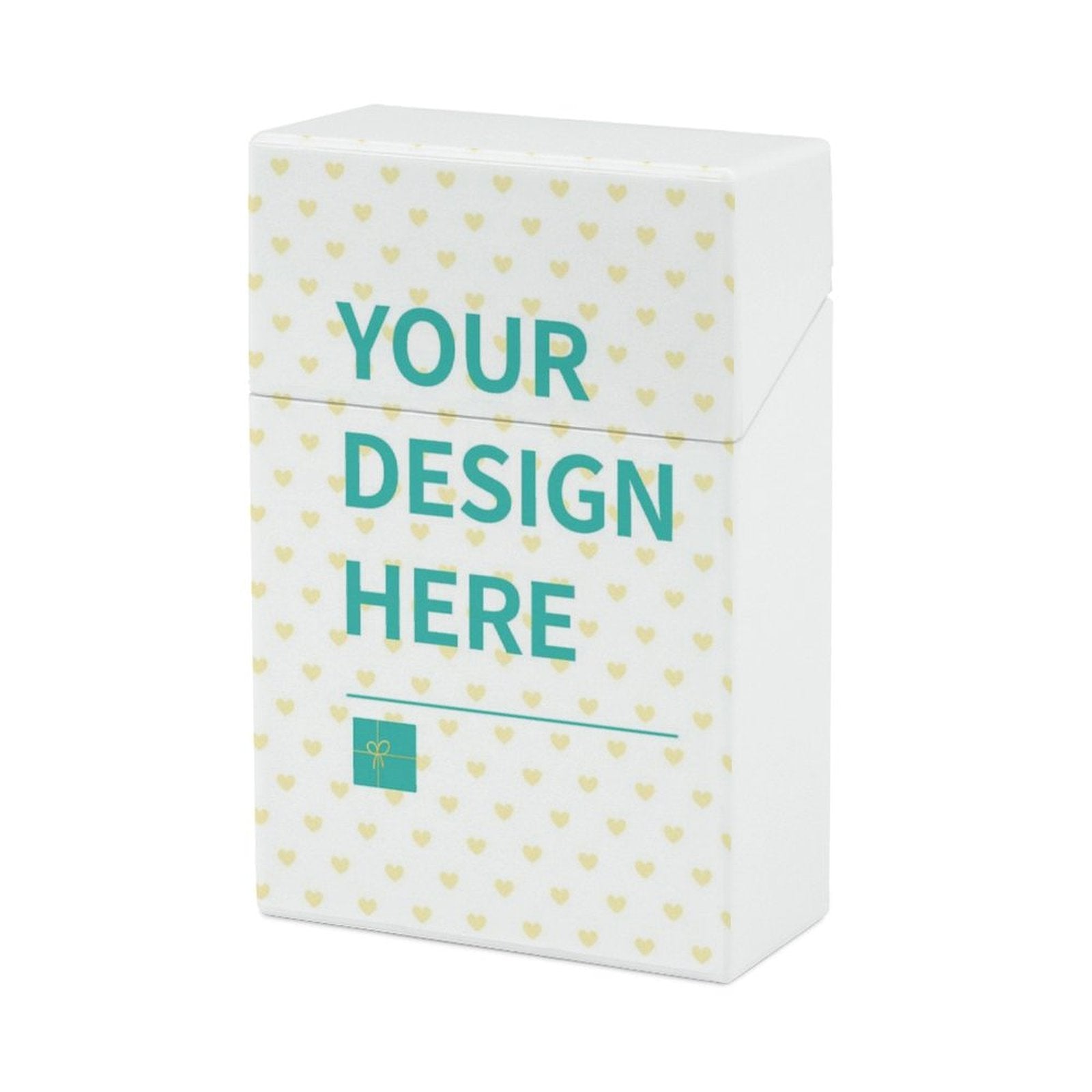 Customizable cigarette case with 'YOUR DESIGN HERE' design, white plastic, perfect gift for men & women