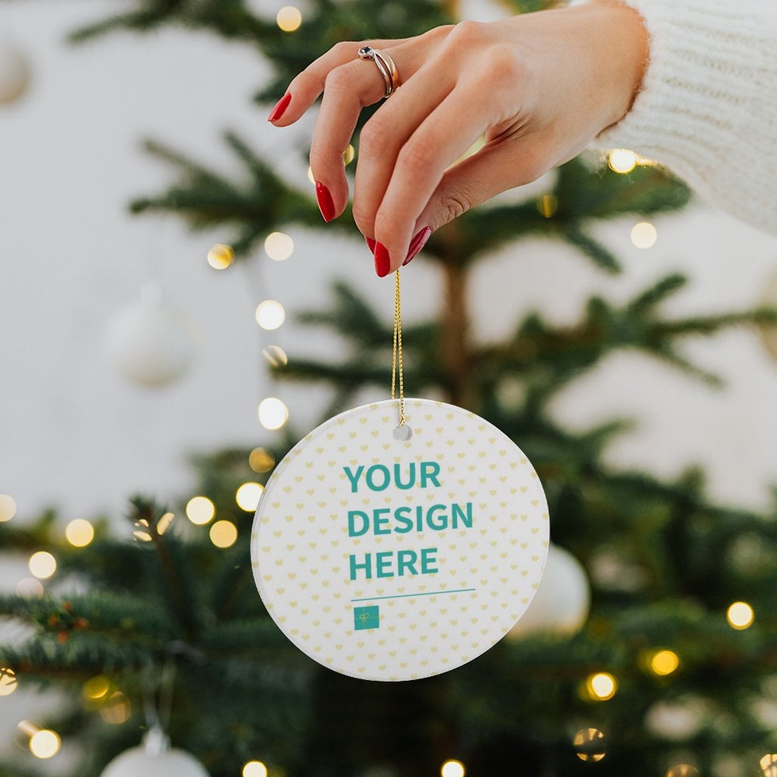 Personalized ceramic Christmas ornament with custom design area, perfect for holiday gifting. Made in USA.