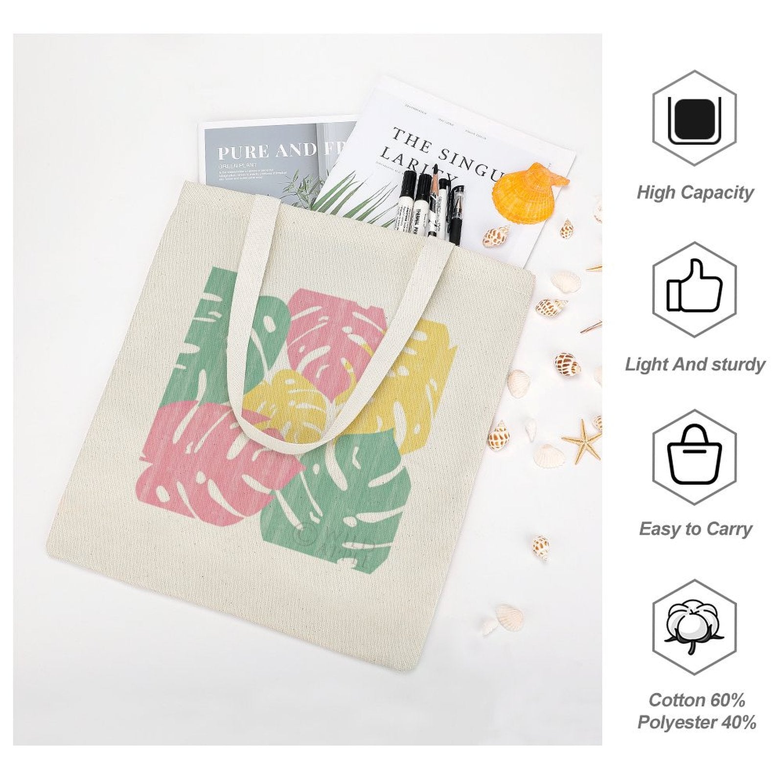 Personalized canvas tote bag with monstera leaf print, cotton blend. Eco-friendly shopping bag with easy to carry feature.