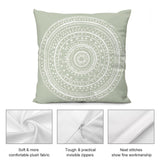 Sage green pillow cover with mandala design, plush fabric, invisible zippers, and neat stitches for home decor