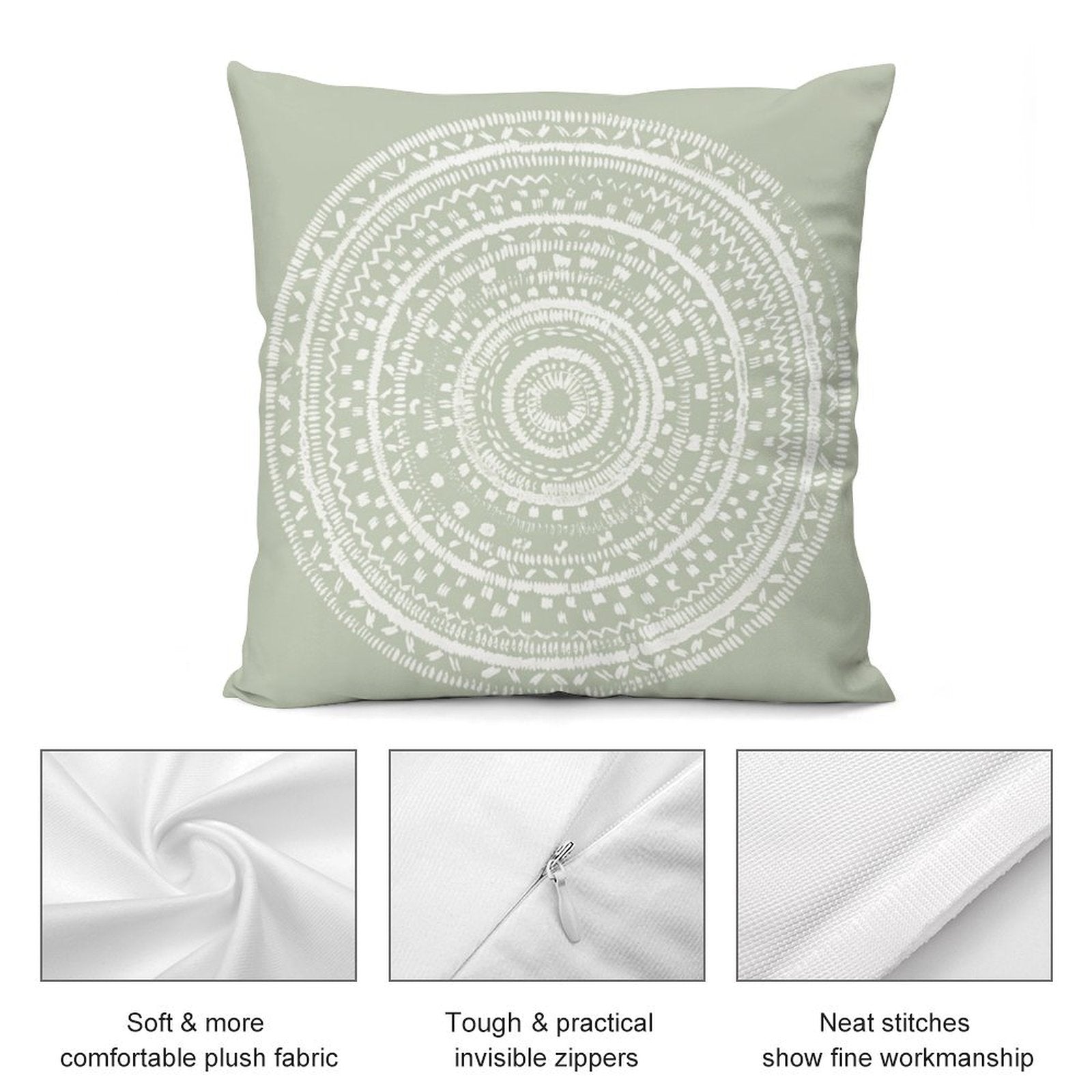 Sage green square throw pillow cover with white mandala design, short plush fabric, invisible zipper, living room decor.