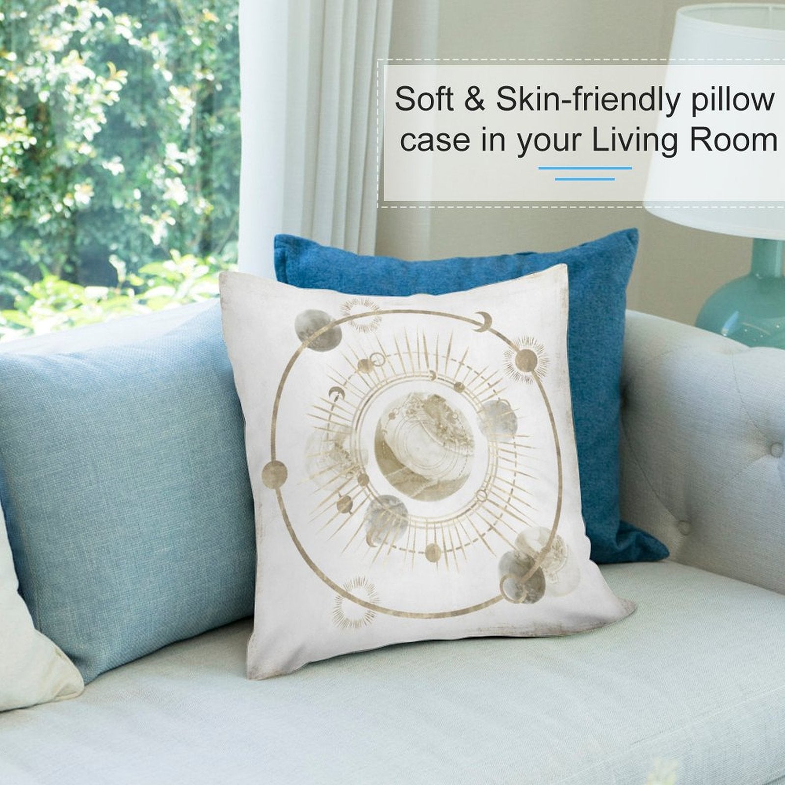 Soft and skin-friendly decorative pillow cover in living room. Golden celestial design on short plush material.