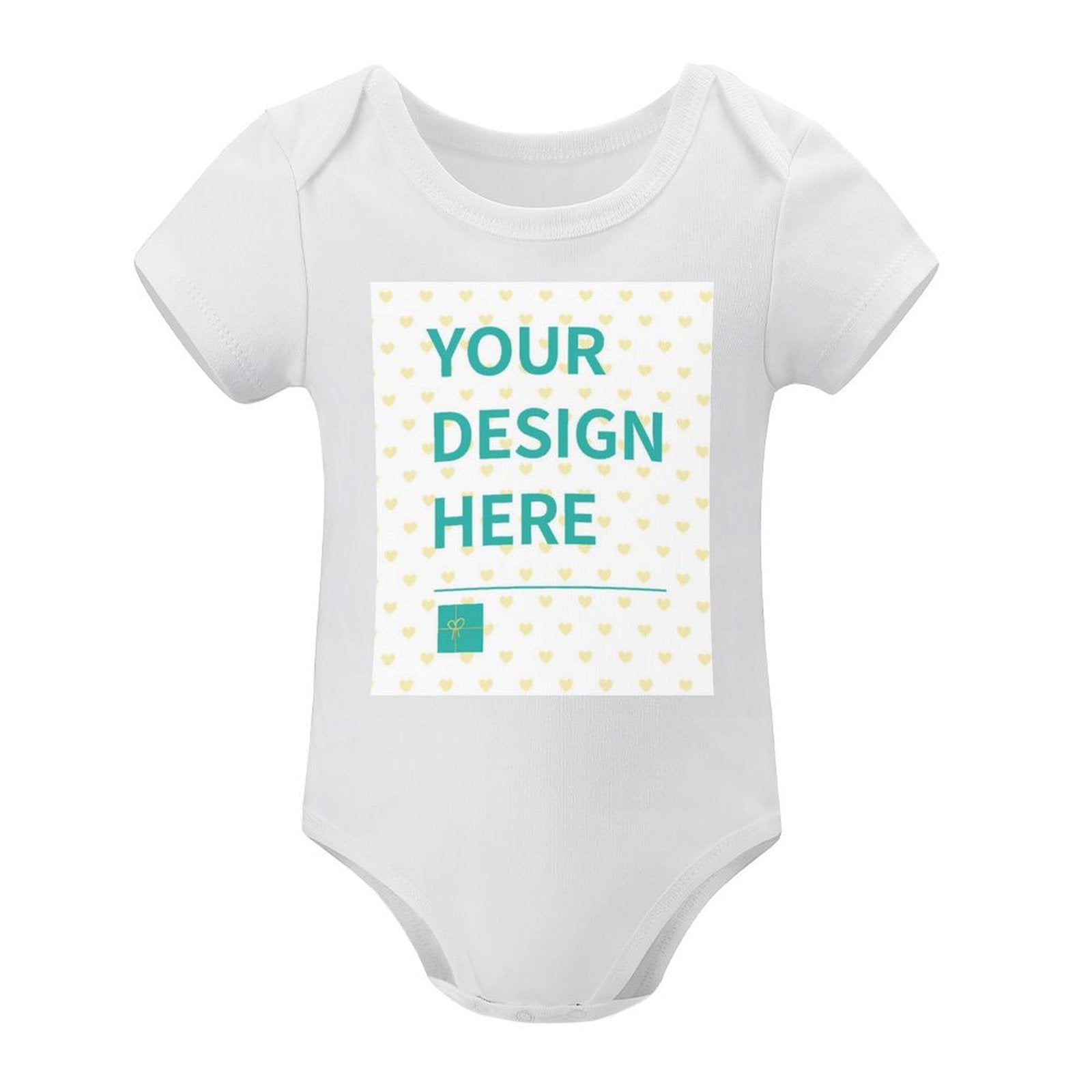 Customizable baby bodysuit with 'YOUR DESIGN HERE' design. Soft cotton unisex bodysuit for baby boys & girls.