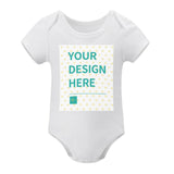 Customizable white baby bodysuit with YOUR DESIGN HERE design, cotton material, perfect baby gift
