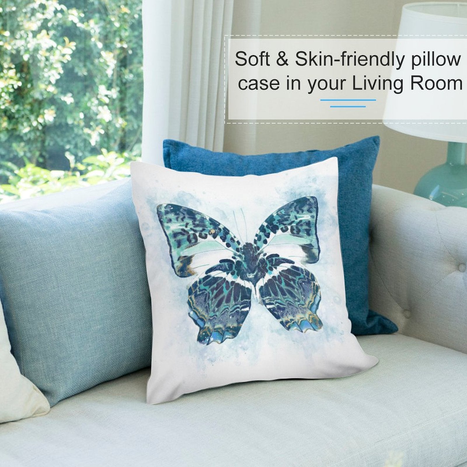 Butterfly art plush pillow cover, soft and skin-friendly material, perfect for living room decor on a sofa