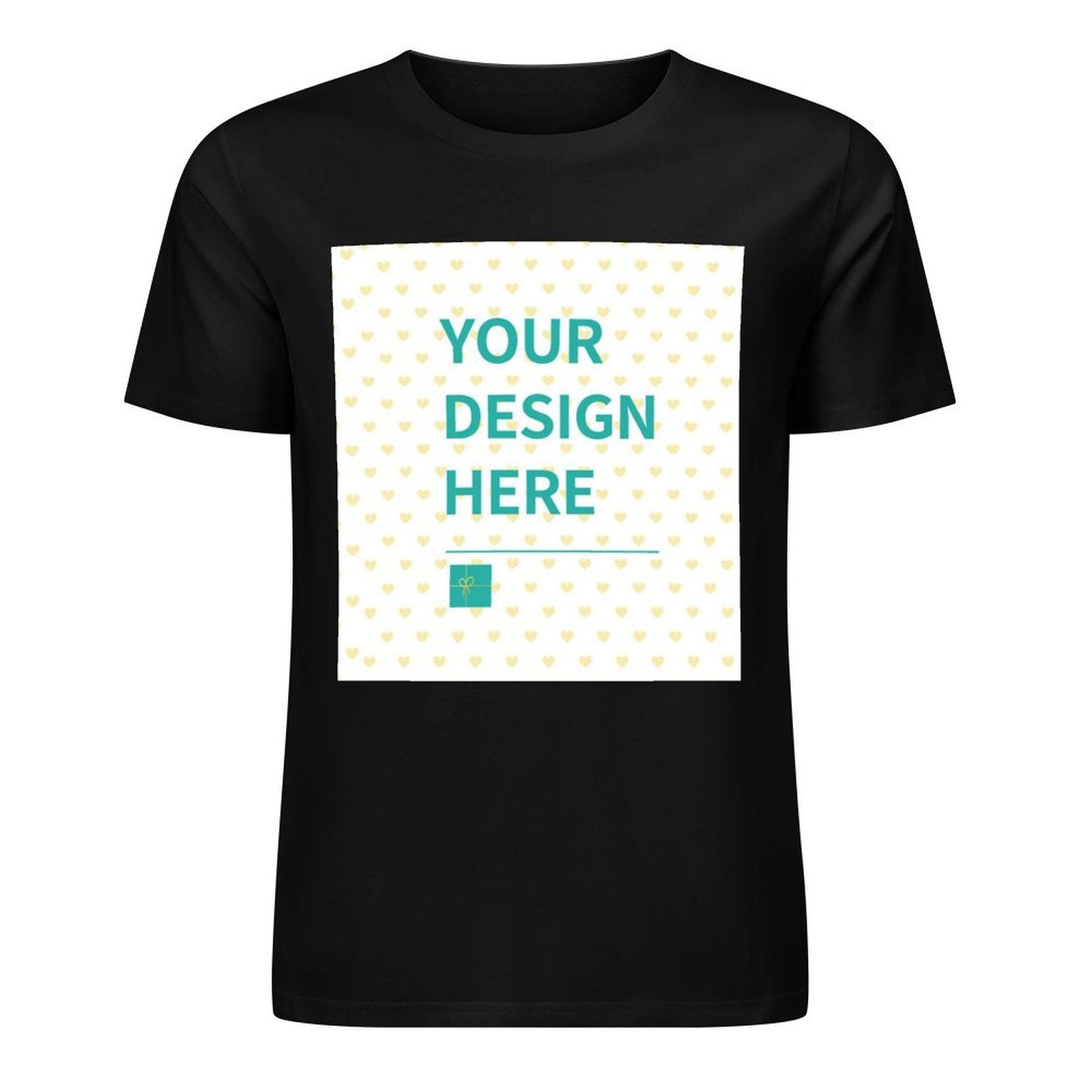 MyArtsyGift custom black t-shirt with YOUR DESIGN HERE text, suitable for personalized gifts, for men & women.