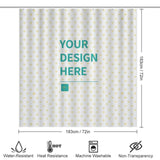Custom shower curtain with 'YOUR DESIGN HERE', water-resistant, personalized bathroom decor.