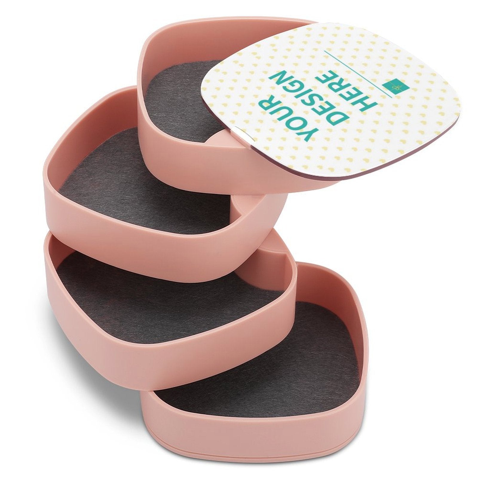 Personalized pink ABS jewelry box with 'YOUR DESIGN HERE' design, rotatable storage organizer