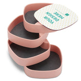 Personalized pink ABS jewelry box with 'YOUR DESIGN HERE' design, rotatable storage organizer