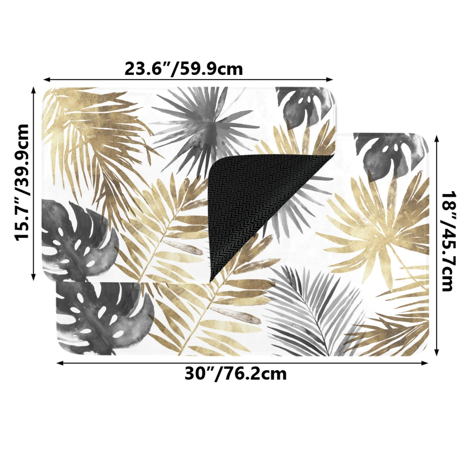 Tropical leaves entrance doormat in gold, gray, and black with dimensions