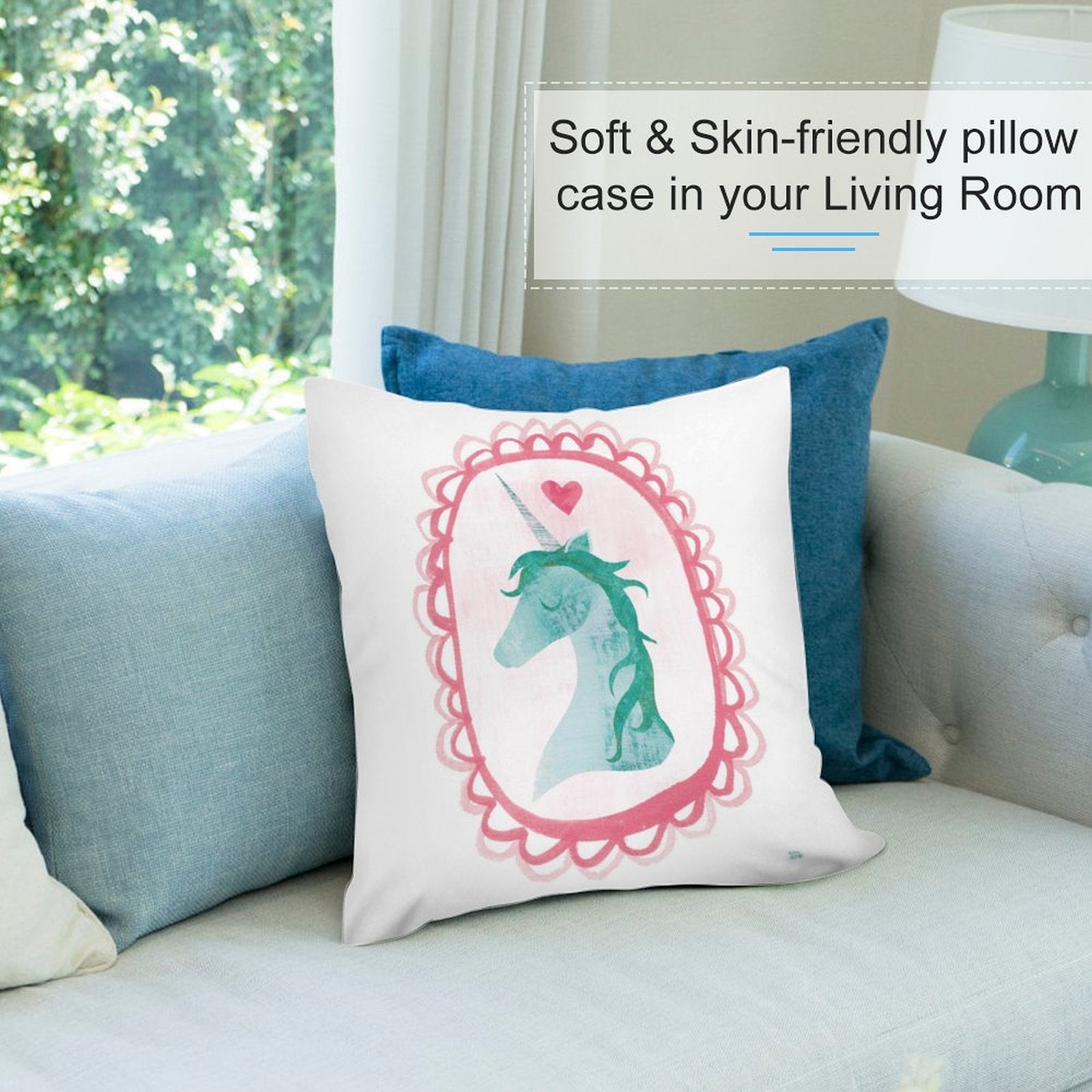 Unicorn throw pillow cover, soft plush material, dreamy design, living room decor.
