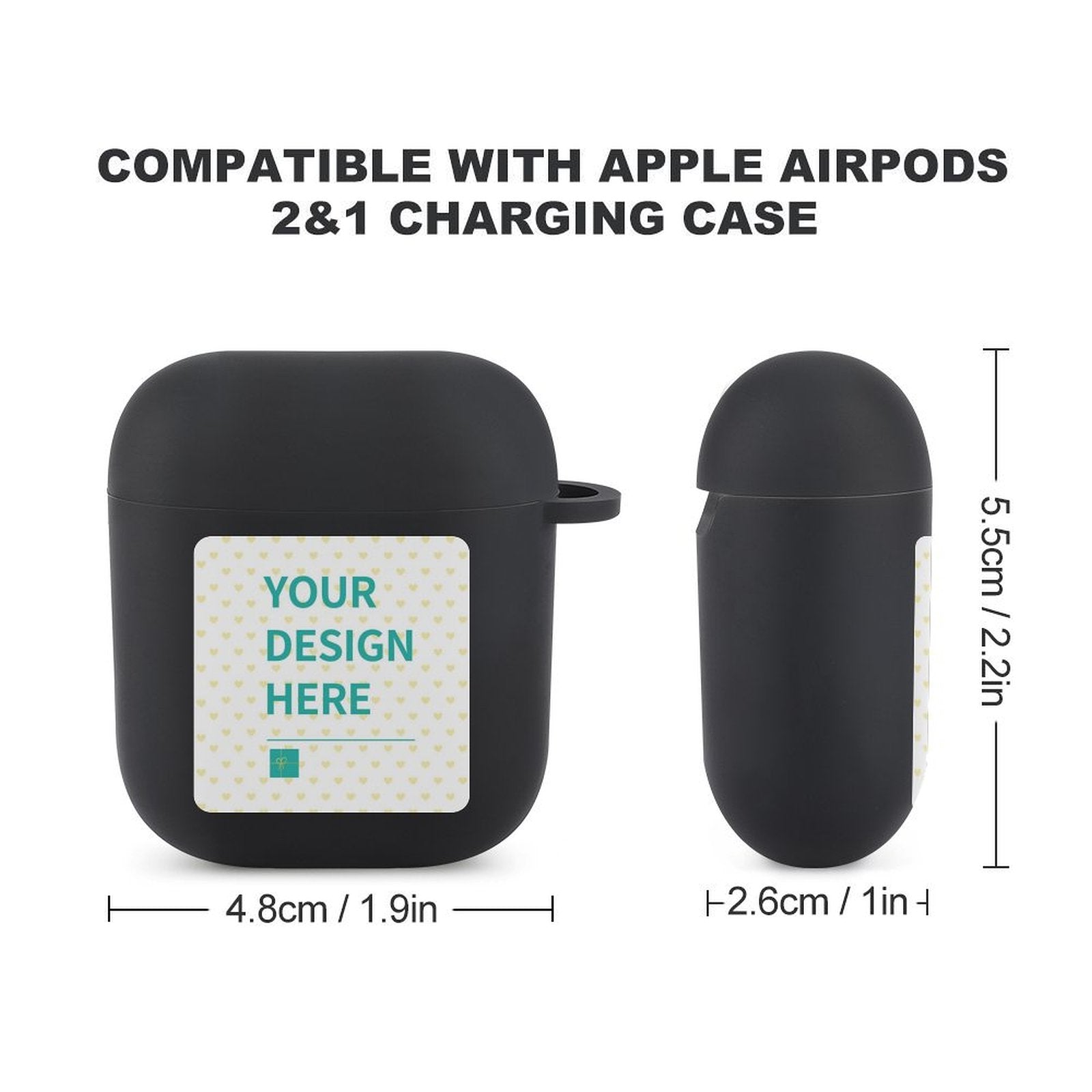 Black custom AirPod case with personalized design area, compatible with AirPods 1 & 2, protective TPU case.