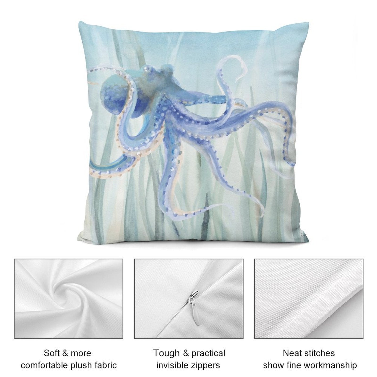 Decorative blue octopus pillow cover. Soft, plush, with invisible zipper and neat stitching. Perfect for sofa.