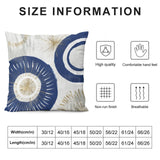 Blue and gold abstract design pillow cover with size details; soft, comfortable, and breathable for sofa or couch.