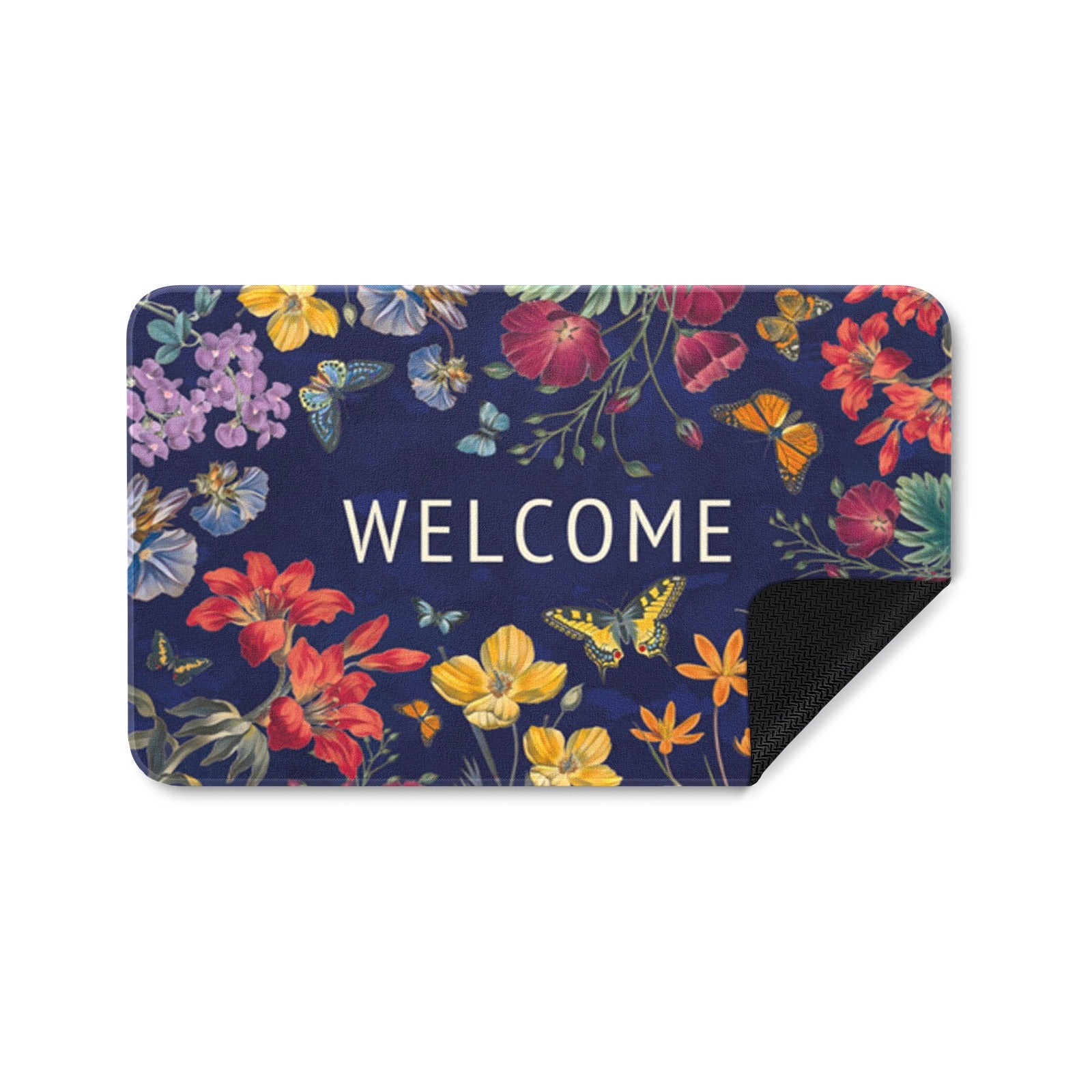 Butterfly and floral Welcome door mat for indoor or outdoor use.