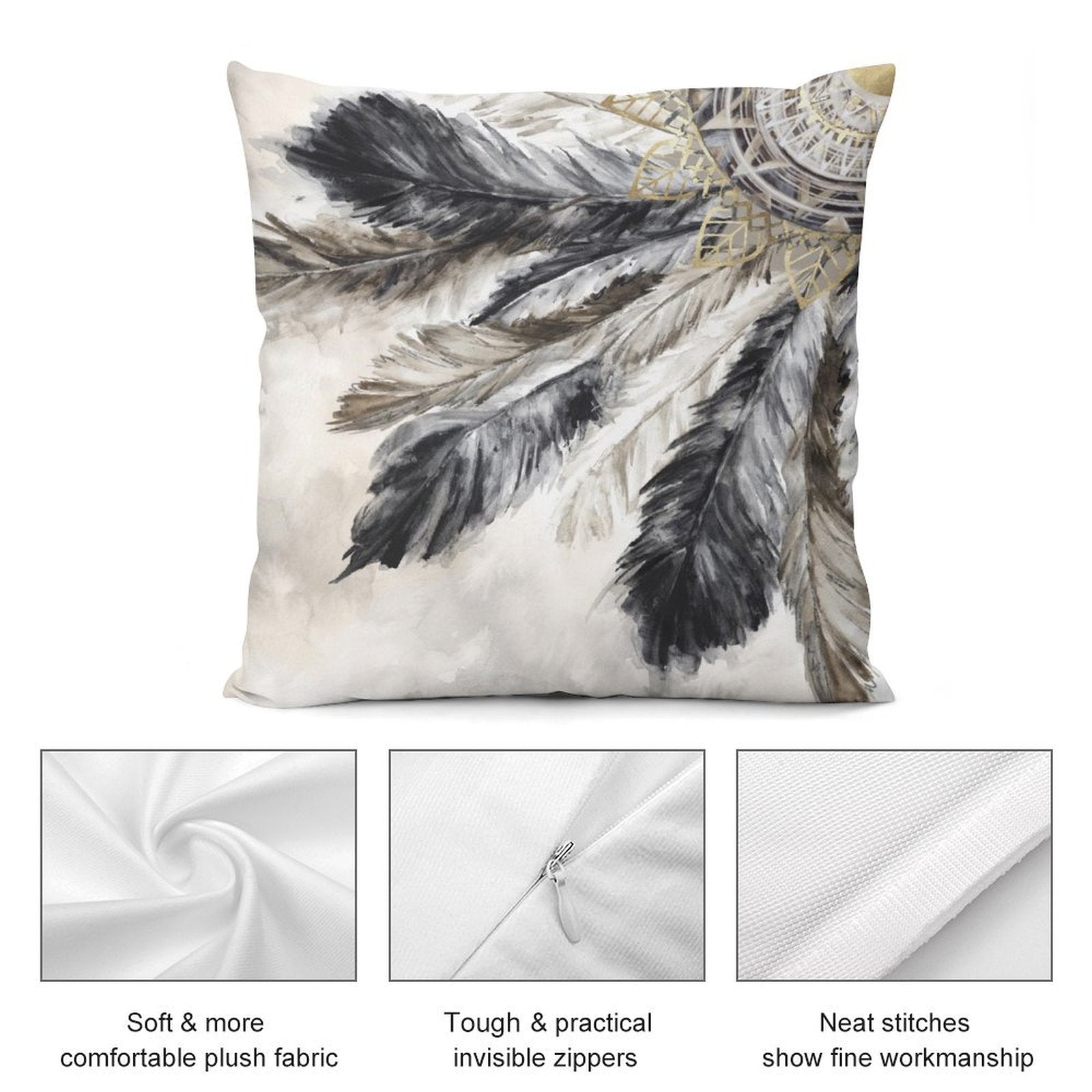 MyArtsyGift plush pillow cover with feather design; soft plush fabric, hidden zipper, and neat stitches.