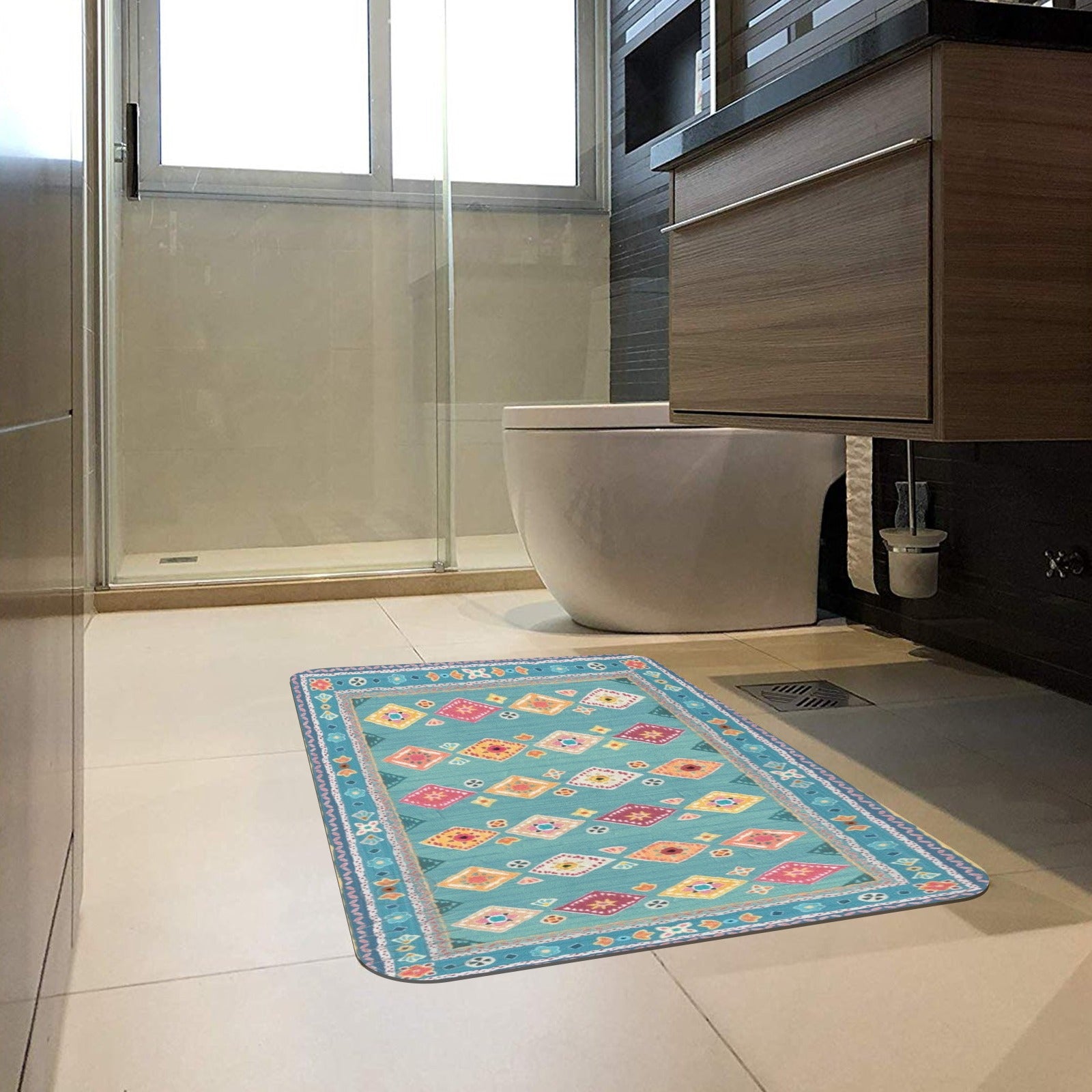 Turquoise My Life Entrance Door Mat with diamond patterns in a modern bathroom. For bathroom, kitchen, or home decoration.