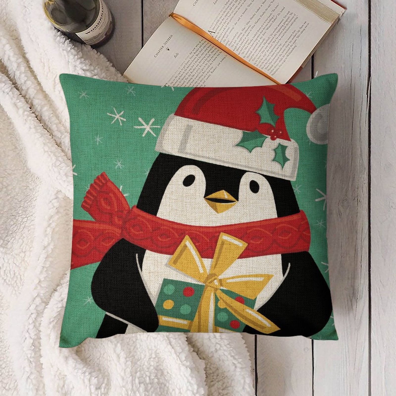 Christmas penguin pillow cover, linen material, sofa cushion, holiday decor, gift