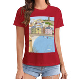 Red crewneck t-shirt featuring coastal town graphic print, MyArtsyGift art lovers clothing