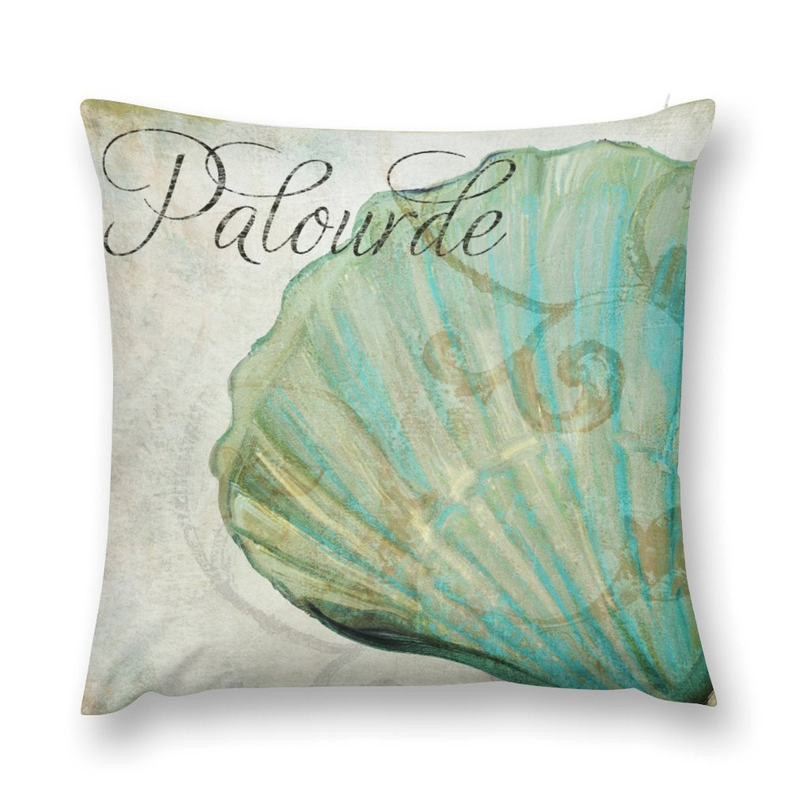 Decorative pillow cover featuring a teal seashell design with the word Palourde, soft and fluffy pillow cover for couch