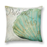 Decorative pillow cover featuring a teal seashell design with the word Palourde, soft and fluffy pillow cover for couch