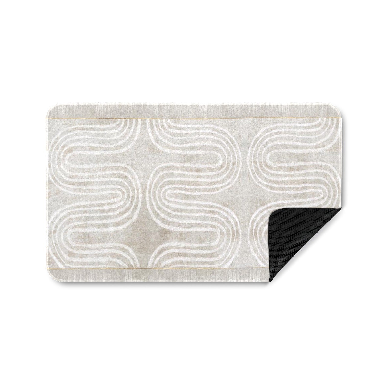 Abstract Entrance Doormat, beige rubber floor mat with white wave pattern