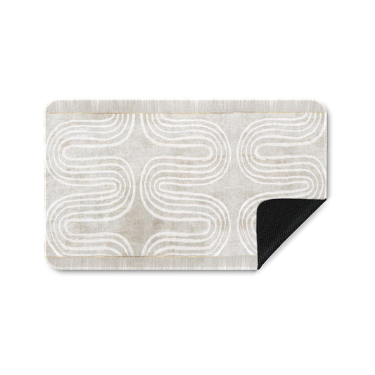 Abstract Entrance Doormat, beige rubber floor mat with white wave pattern