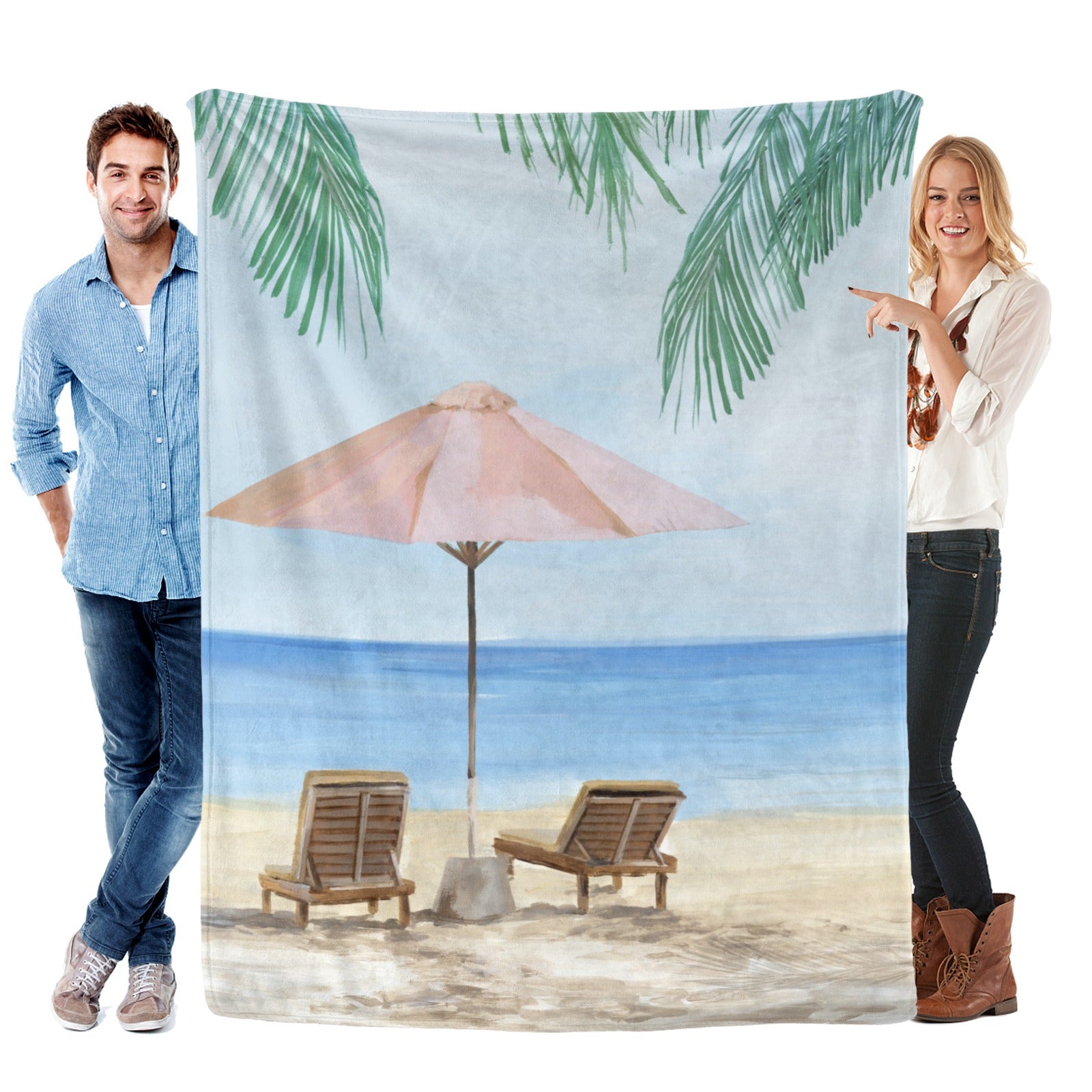 Summer beach flannel blanket with beach scene for sofa, couch, bed. Lightweight, stylish and made in USA