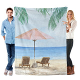Summer beach flannel blanket with beach scene for sofa, couch, bed. Lightweight, stylish and made in USA