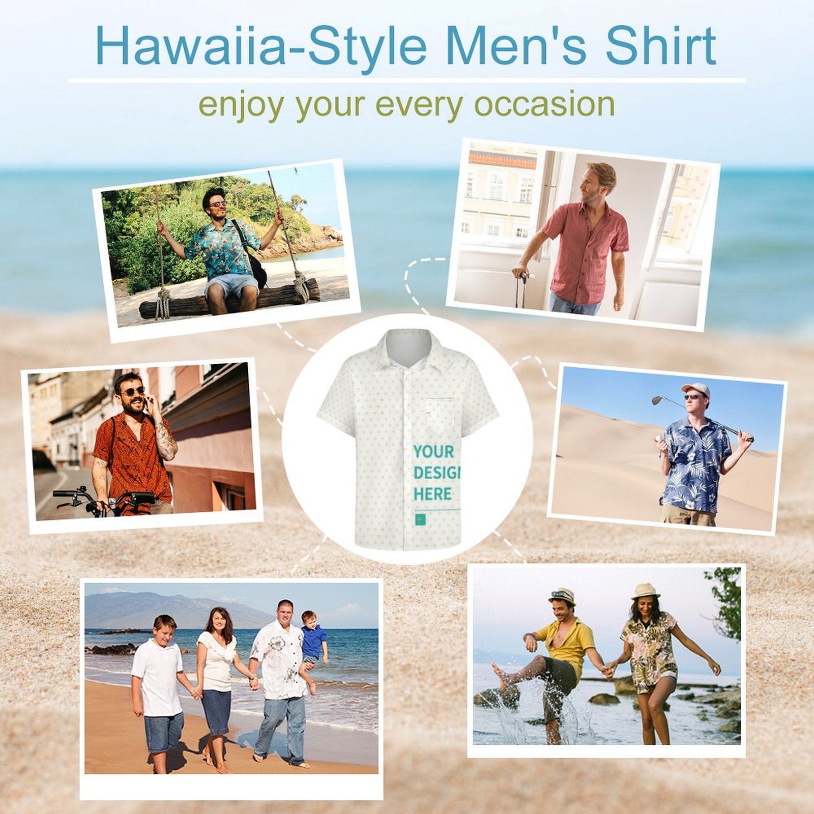 Custom men's Hawaiian shirt, personalized design with 'YOUR DESIGN HERE' text, perfect for various occasions, short sleeves.
