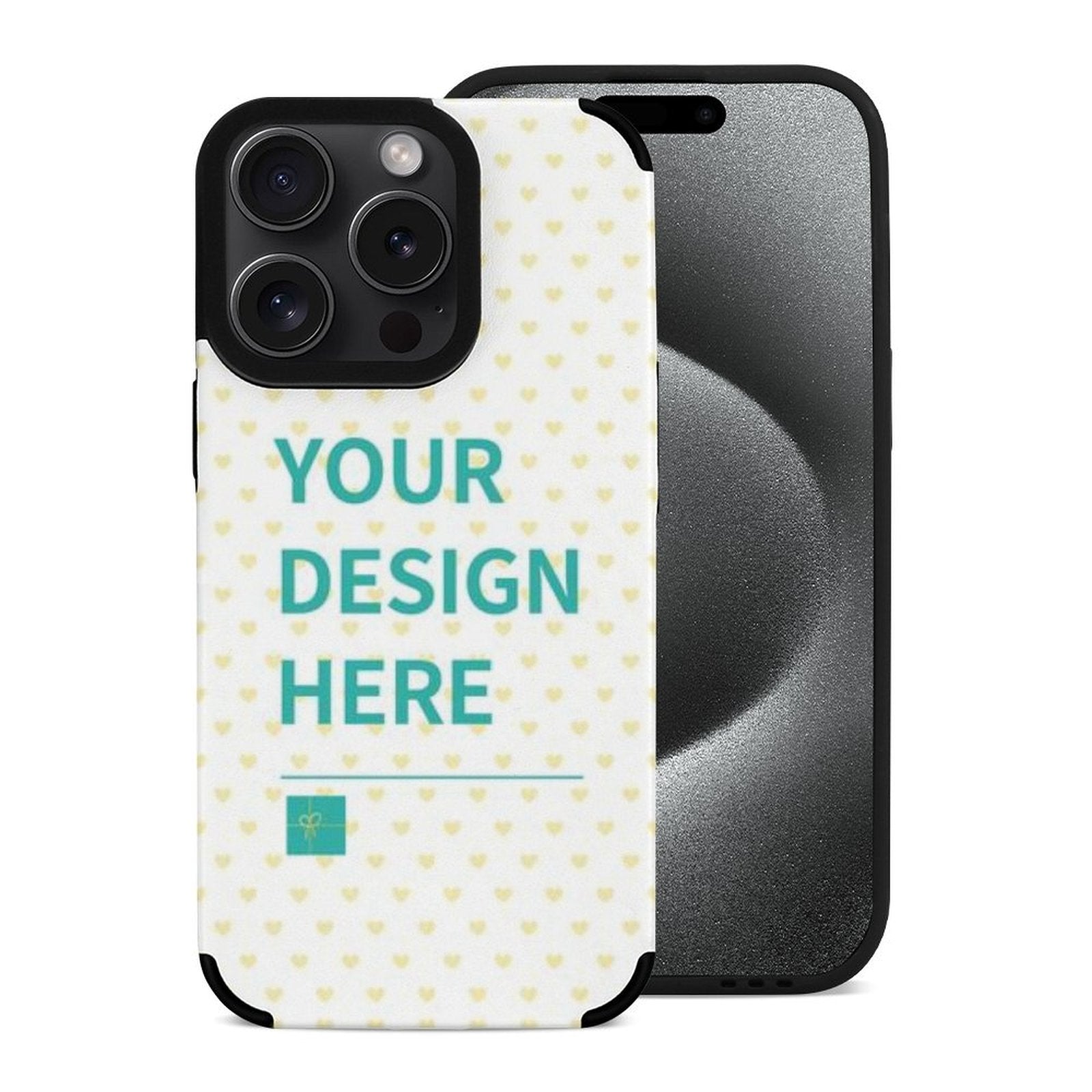Custom iPhone 15 phone case with 'YOUR DESIGN HERE' text, fiber leather and heart pattern