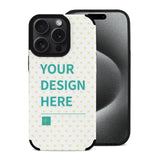 Custom iPhone 15 phone case with 'YOUR DESIGN HERE' text, fiber leather and heart pattern