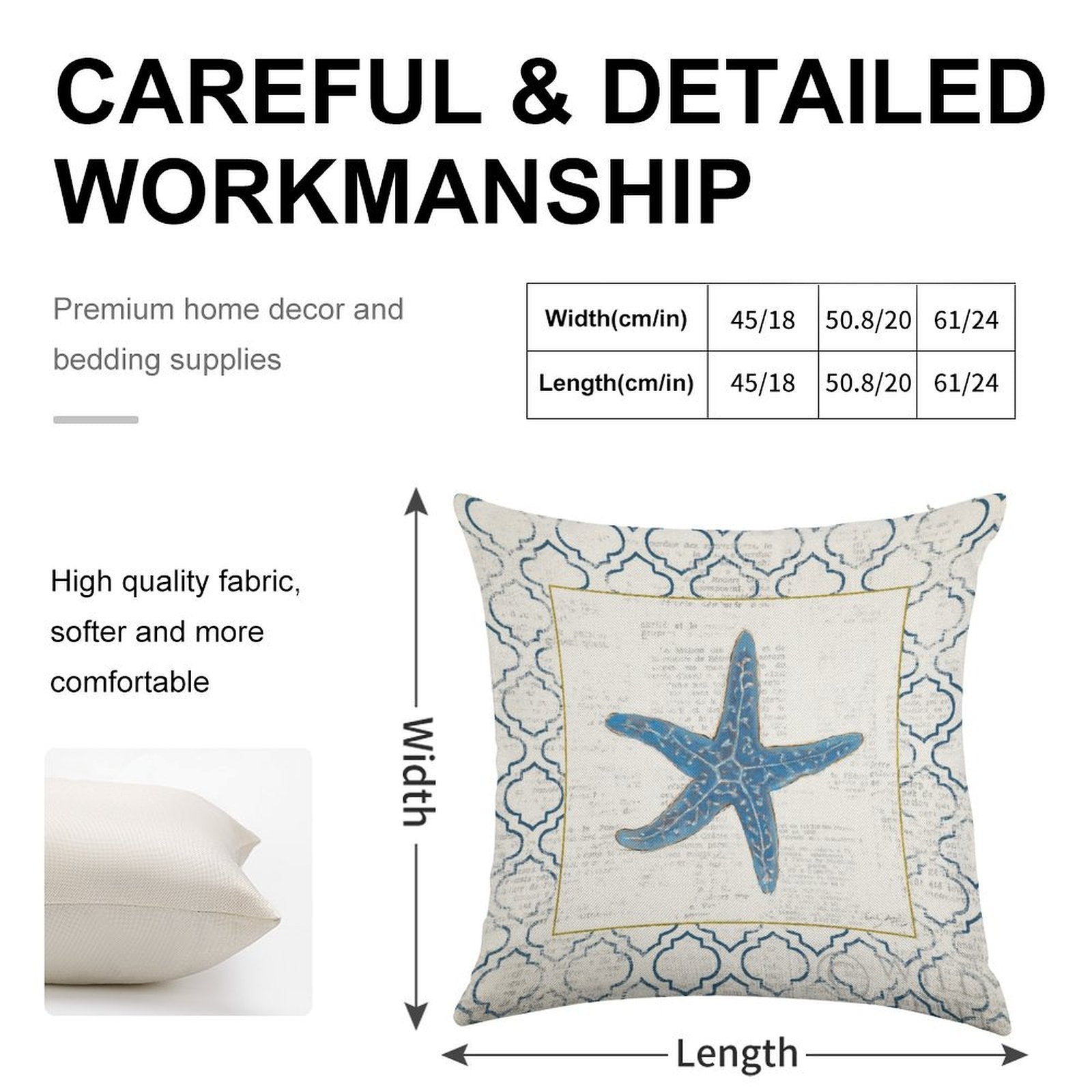 Linen throw pillow case, blue starfish design, premium home decor, softer fabric, and detailed craftsmanship.