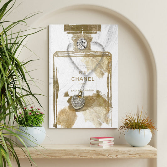 Modern Chanel No. 5 Wall Art, gold and white canvas, living room decor