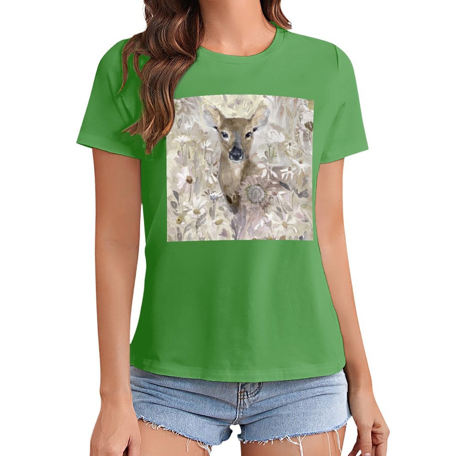 MyArtsyGift Green Deer Print T-Shirt. Women's short-sleeve crewneck tee, deer graphic, casual wear for MyArtsyGift.