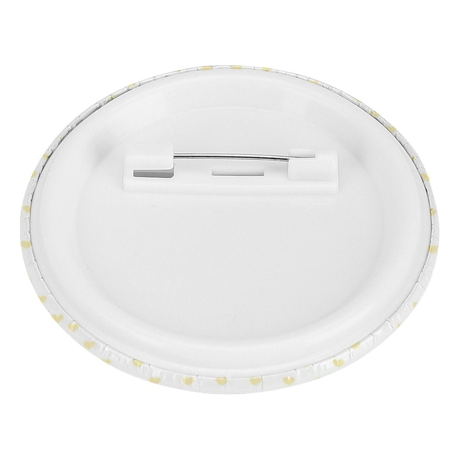 White blank pin badge back with metal pin closure, perfect for personalized badges, gifts, teams, and groups.