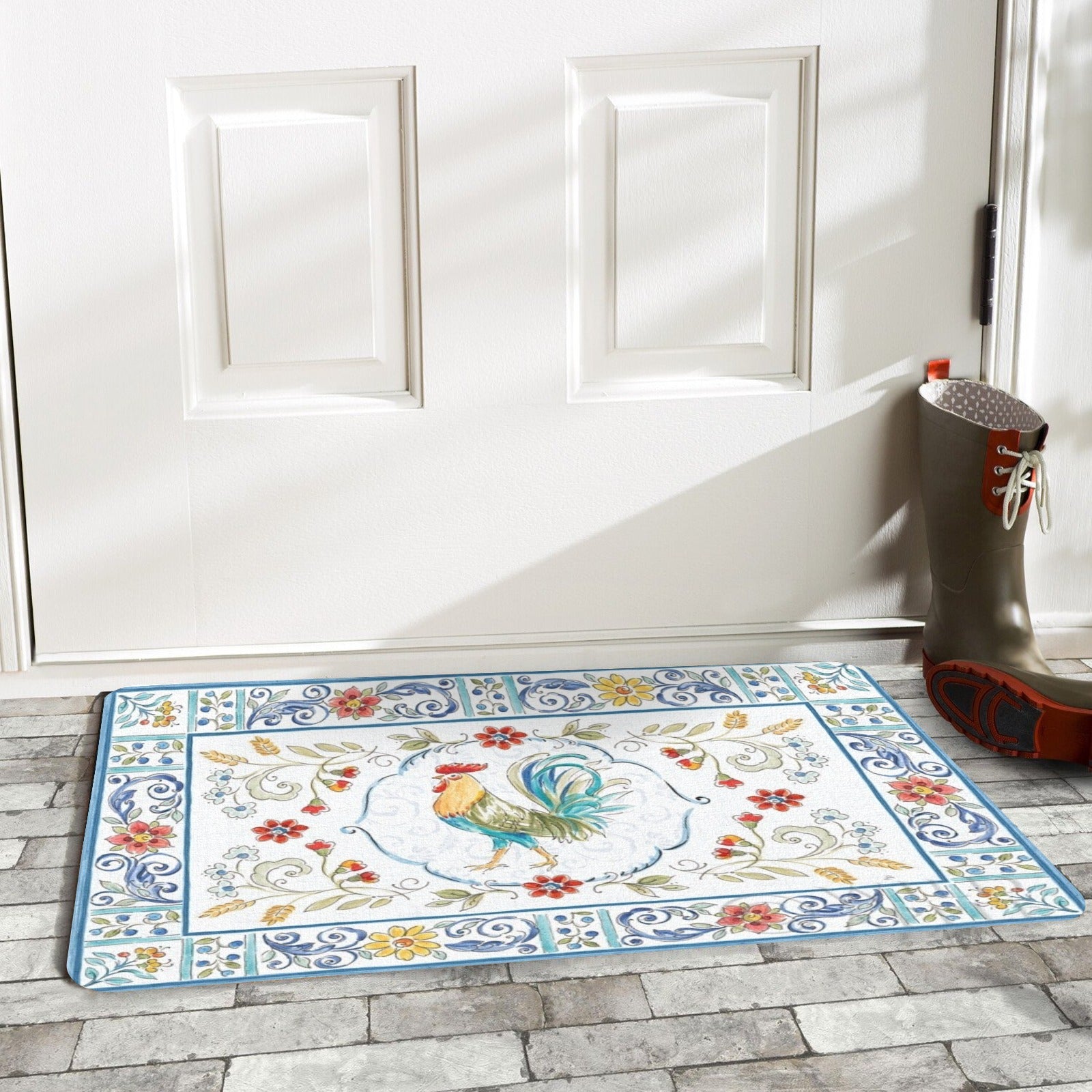 Rooster design door mat, indoor or outdoor use, floral pattern, farmhouse style entrance mat.