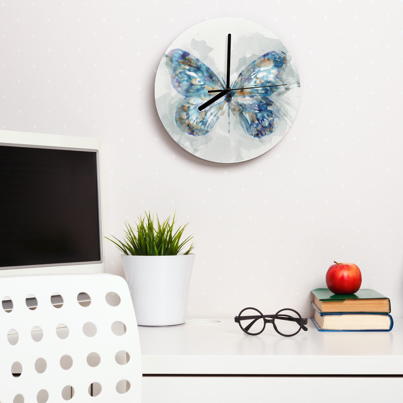 Modern blue butterfly MDF wall clock for living room or office decor, watercolor design