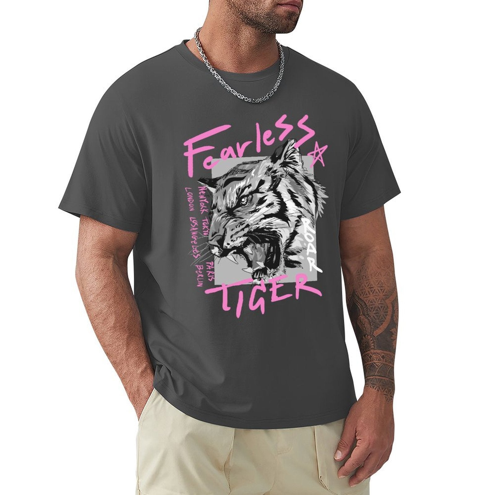 Men's dark gray Fearless Tiger crew neck cotton t-shirt, streetwear style, comfortable fit.