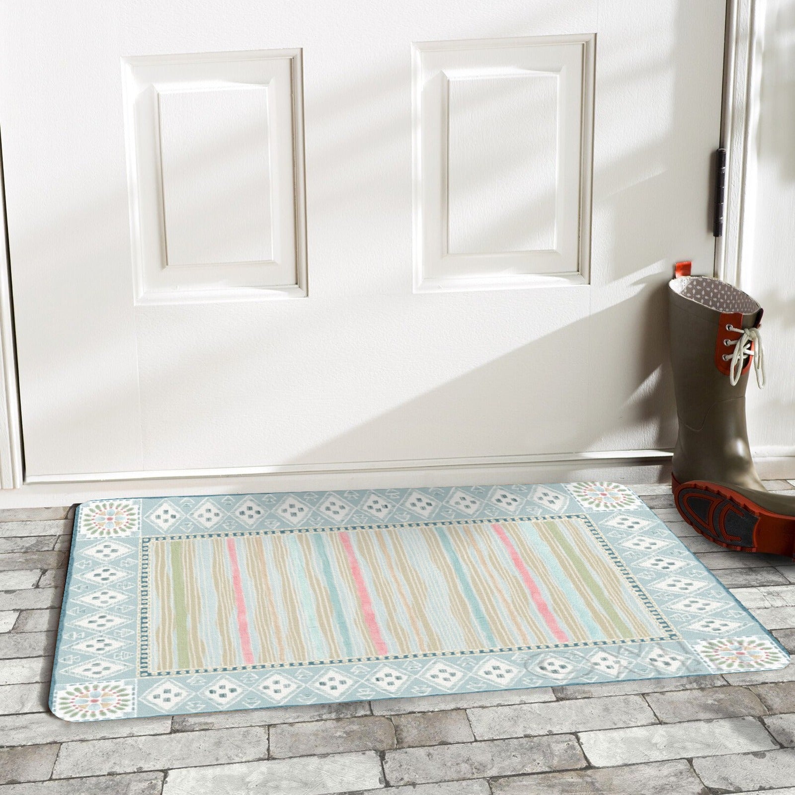 Geometric patterned door mat, suitable for indoor or outdoor use.
