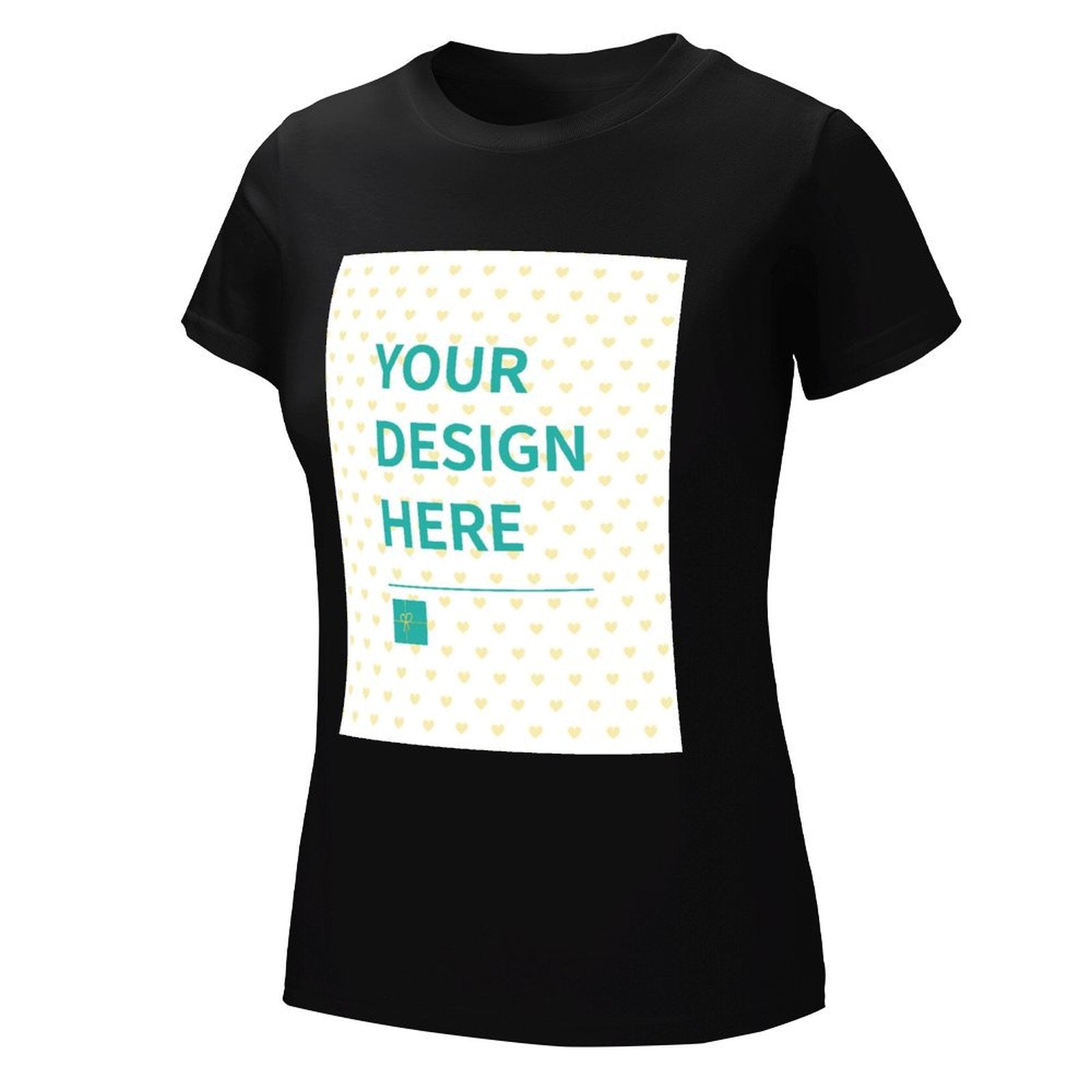 Customizable black women's summer T-shirt with 'YOUR DESIGN HERE' design, round neck.