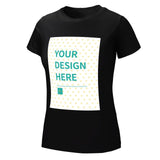 Customizable black women's summer T-shirt with 'YOUR DESIGN HERE' design, round neck.