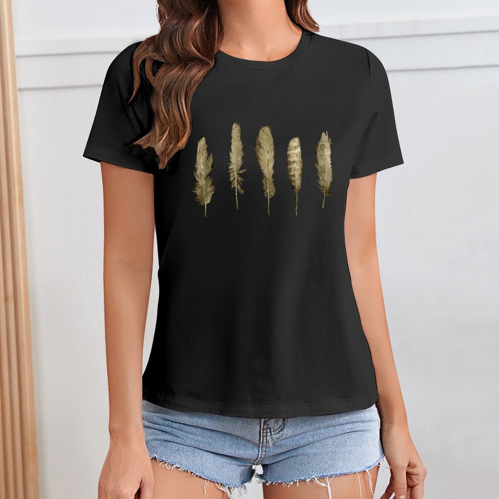 Women's black t-shirt with gold feather print, casual style, MyArtsyGift