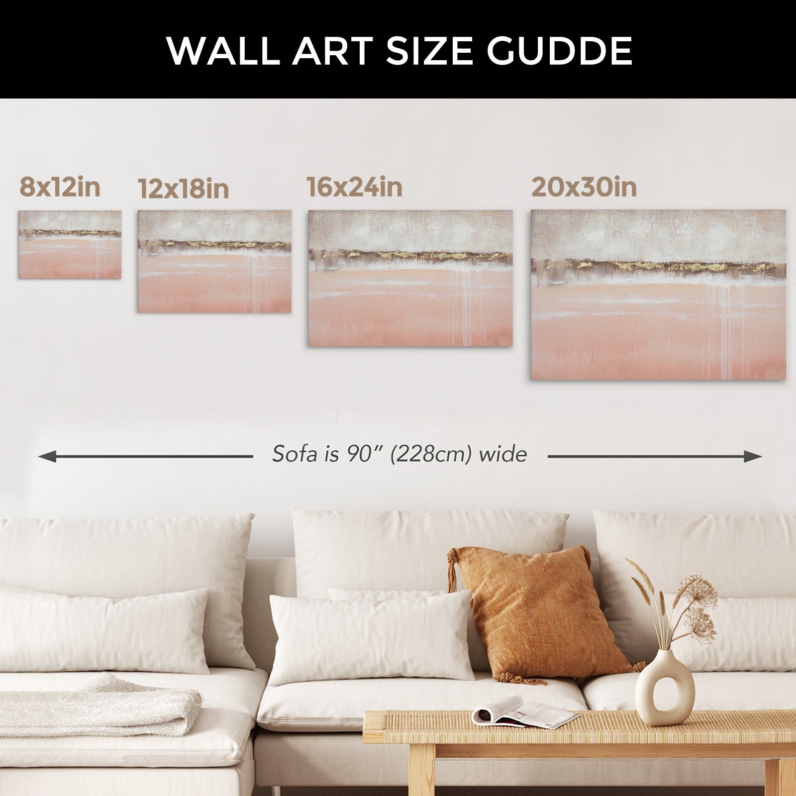 Pink and gold abstract canvas wall art size guide, 8x12in to 20x30in. Bedroom or living room decor, modern style.
