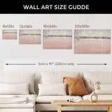 Pink and gold abstract canvas wall art size guide, 8x12in to 20x30in. Bedroom or living room decor, modern style.