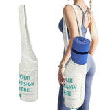 Custom Yoga Mat Bag for Women, canvas yoga mat carrier with "OUR DESIGN HERE" text, blue yoga mat