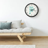 Custom photo round wall clock with black frame, customizable design for home decor, text says 'YOUR DESIGN HERE'