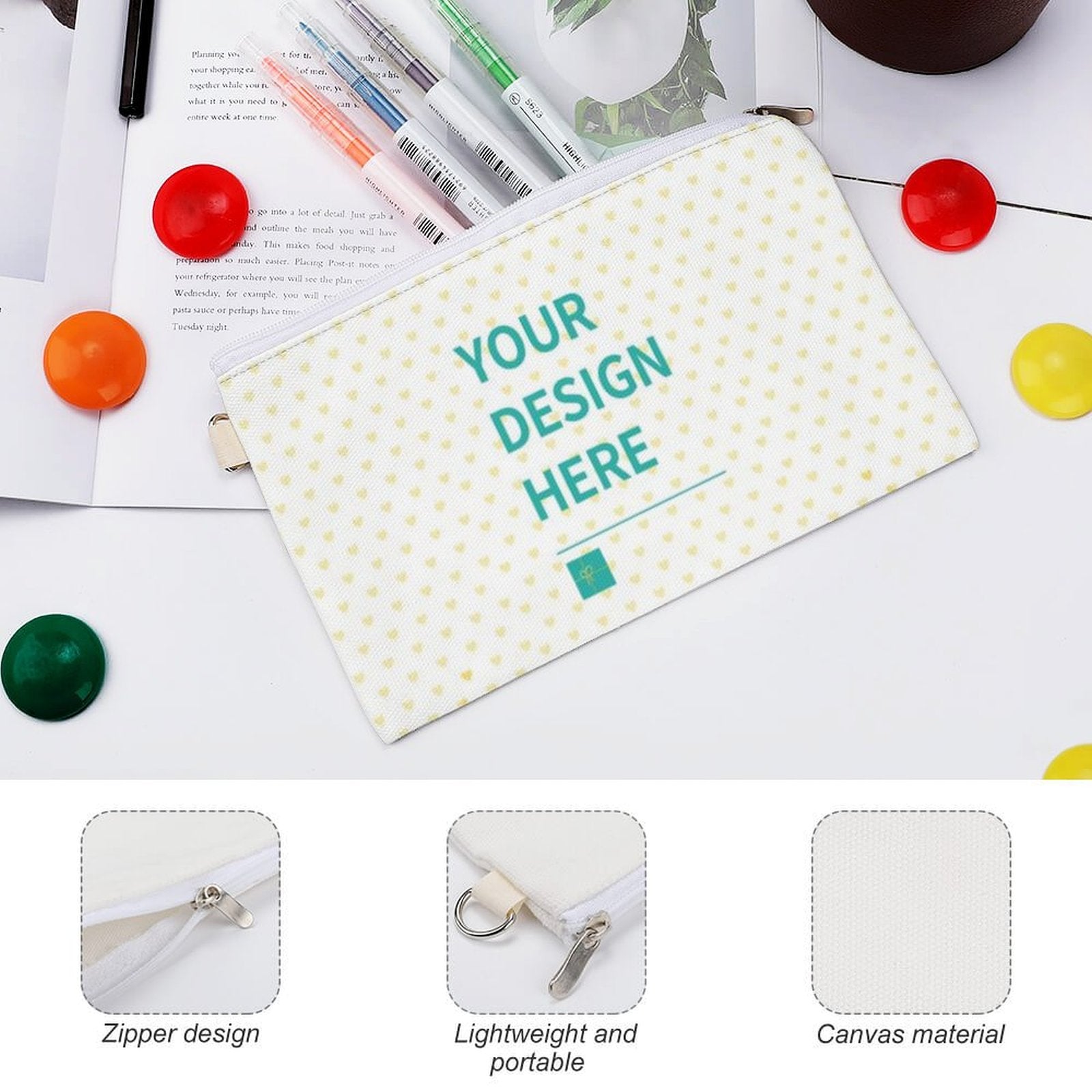 Custom canvas coin purse with YOUR DESIGN HERE text, perfect for personalized mini wallet.